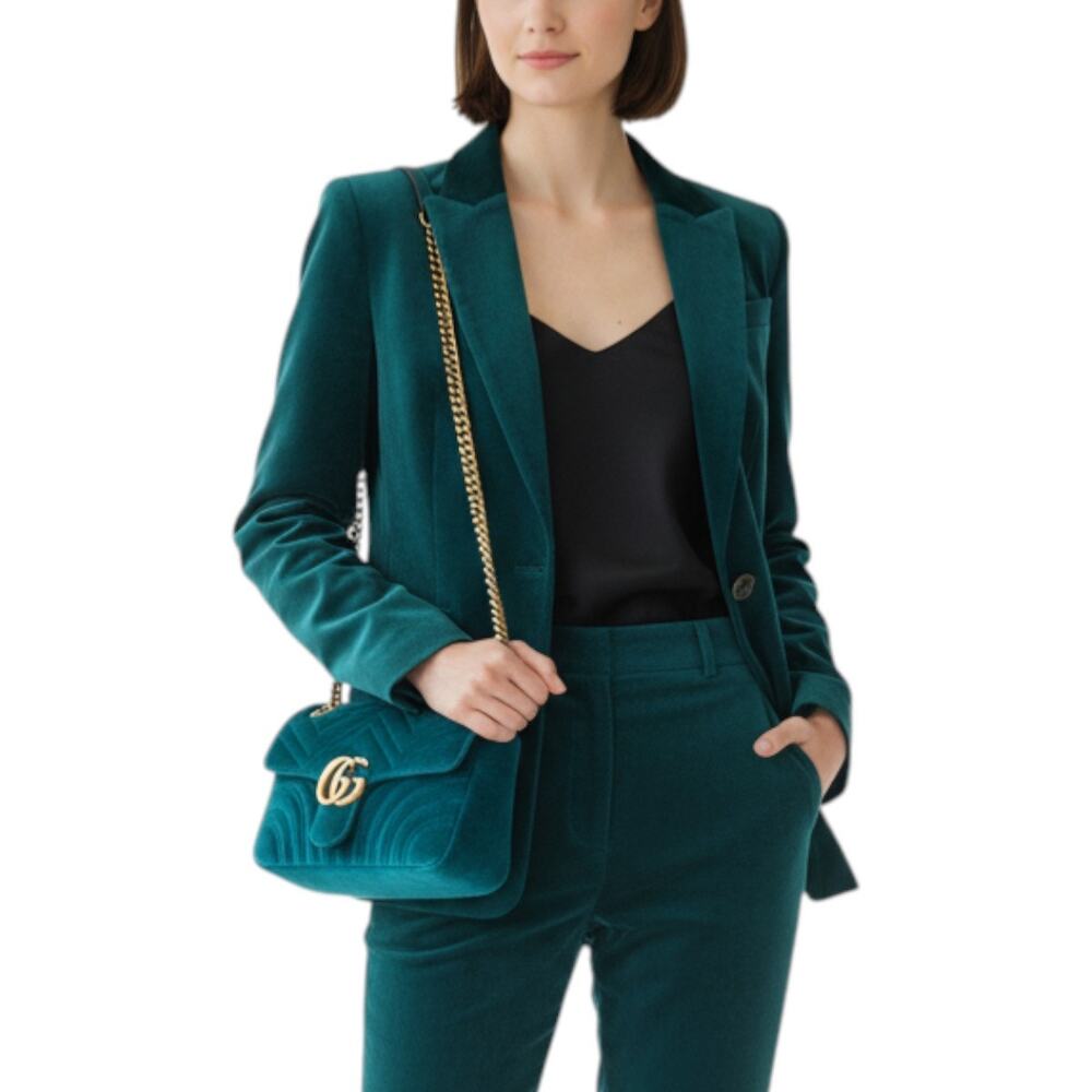 Gucci Suede Quilted GG Marmont Matelassé Crossbody Mini Bag Petrol Blue Velvet